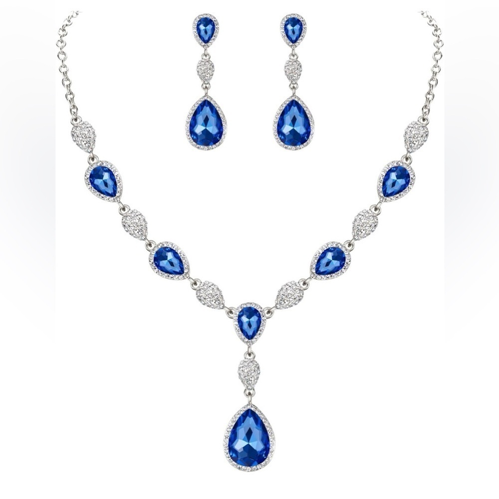 NIB!EleQueen Women Cubic Zirconia Teardrop Y-Necklaces Dangle Earrings Set